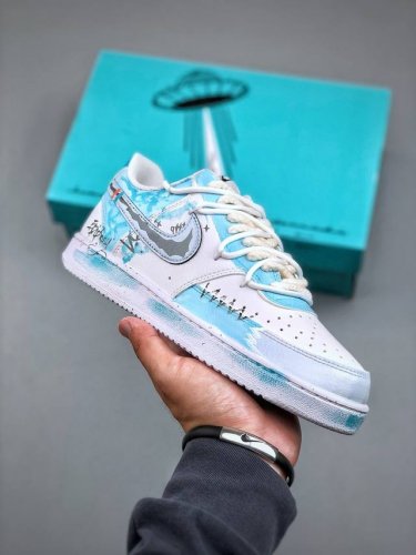 Nike Air Force 1'07 Low White And Blue Graffiti Gray Swoosh Strap Low-Top Casual