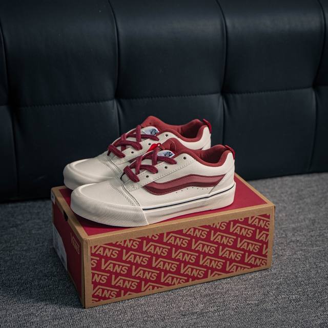 Core Private Vans Knu Skool Leather White And Red Bread Shoes Fat Version Three-