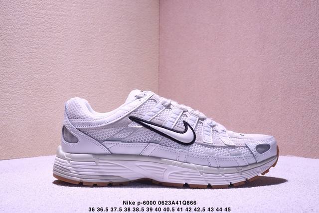 Nike P-6000 running shoes use red hooks on the inside and outside, and are made