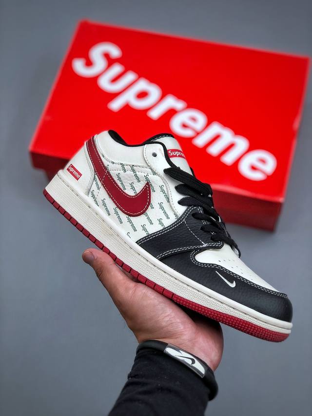 Air Jordan 1 Retro Low x Supreme White, Black, Red, Small Hook, Stars Official S