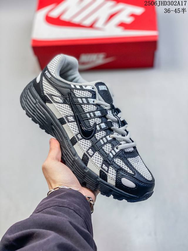 The corporate-grade Nike P-6000 running shoes use red hooks on the inside and ou