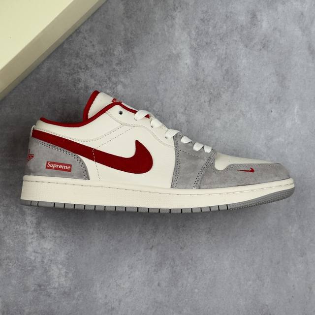 Local core private Air Jordan 1 Low Aj1 Joe 1 Supreme joint-white gray red hook