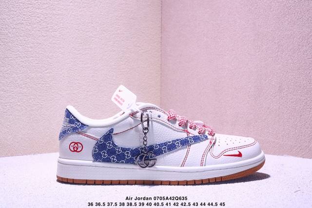 High-end custom Travis Scott X Jordan 1 Low Gucci joint-red line denim inverted
