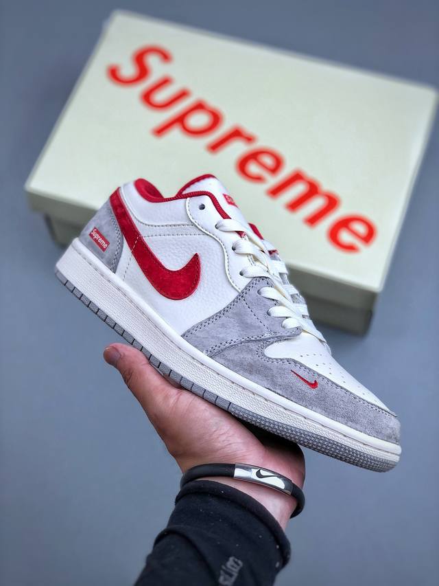 C version Air Jordan 1 Retro Low x Supreme Beige Gray Red Hook Official Synchron