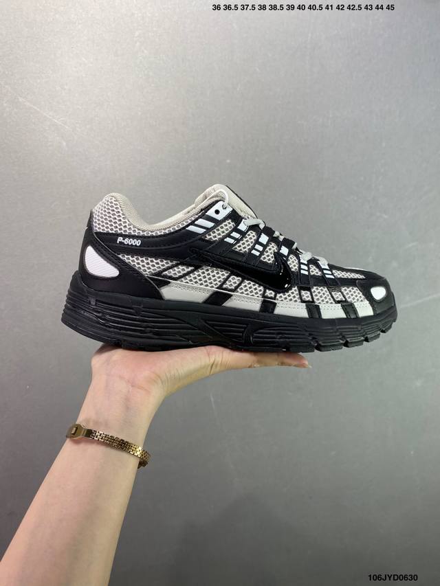 The company-level Nike P-6000 running shoes use red hooks on the inside and out