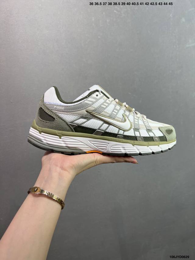 The company-level Nike P-6000 running shoes use red hooks on the inside and out
