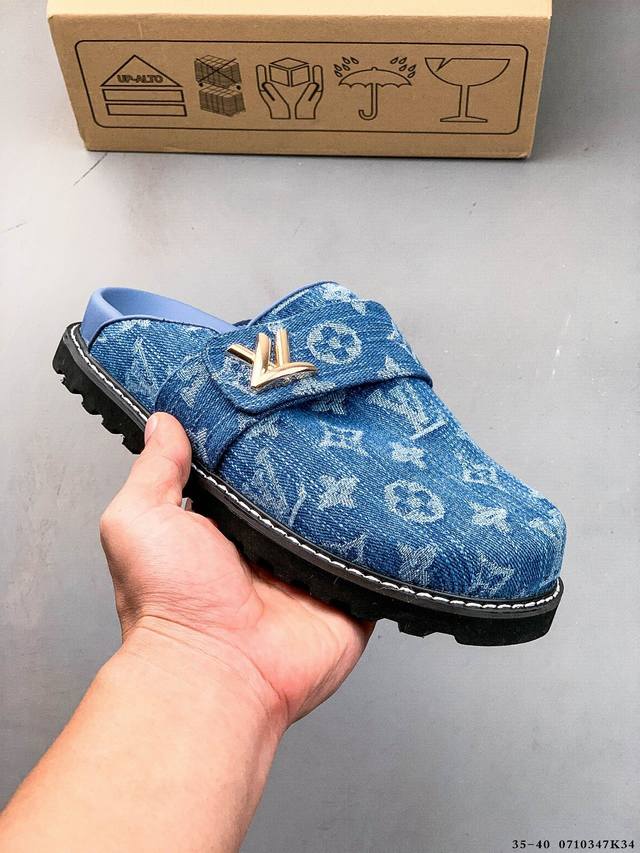 Company Level! Louis Vuitton Cosy Comfort Denim Mules Non-slip Closed Toe Slippe