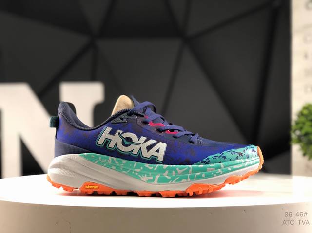 Hoka One One M Speedgoat 6 low-top professional trail running shoe. Compared to
