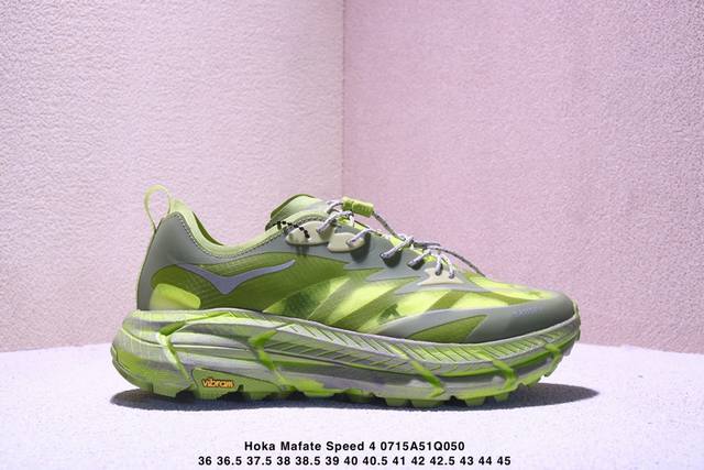 Corporate Satisfy x Hoka M Mafate Speed 4 in a new colorway. The brand comes fro