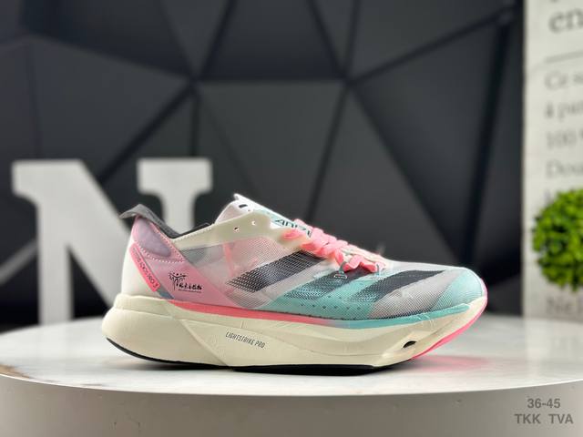 Adidas Adios Pro 3 W foam with a carbon fiber plate for cushioning and breathabi