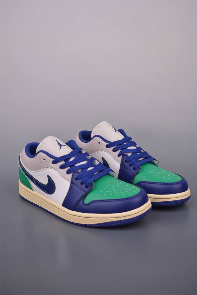 Air Jordan 1 Low beige, blue, and green Aj1 low-top casual sneakers in the offic