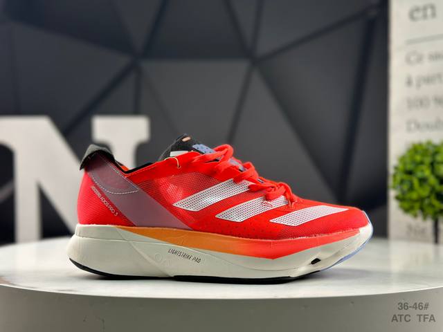 Adidas Adios Pro 3 W foam with a carbon fiber plate for cushioning and breathabi