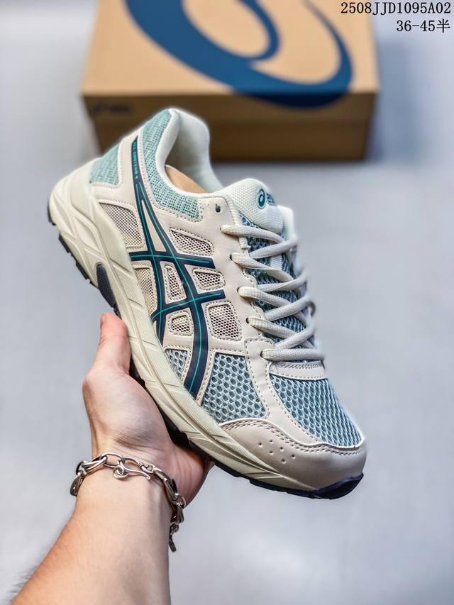 Asics features a breathable mesh upper with partial synthetic leather and new Re