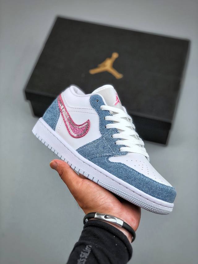 Air Jordan 1 Low Aj1 Joe 1 denim blue and pink sequined low-top cultural casual