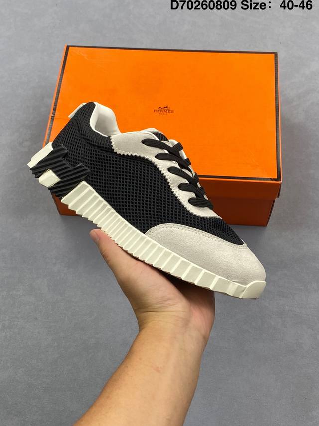 Hermes Bouncing Calfskin Round Toe Lace-Up Low-Top Casual Shoes for Men White S