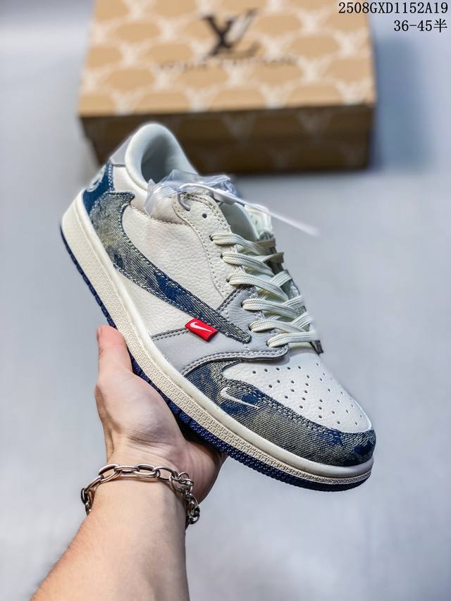 High-end custom Travis Scott x Jordan 1 Low Lv joint - tie-dye denim inverted ho