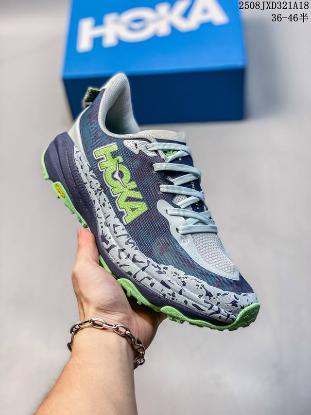 Hoka One One Speedgoat 6 outdoor trail running shoes. The Speedgoat 6 series fea