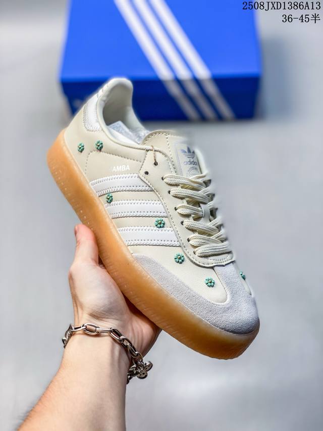 Adidas Sambae Clover Unisex Small Flower Thick-soled Leather Low-top Shoes Js395