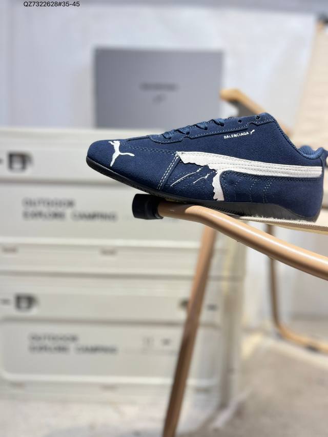 Puma x Balenciaga Speedcat series thin-soled shoes. Round-toe, distressed, low-t
