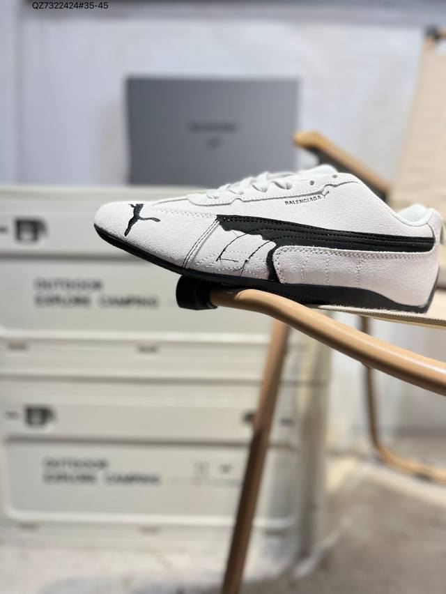 Puma x Balenciaga Speedcat series thin-soled shoes with rounded toes and distres