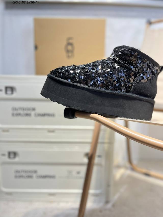 Ugg thick-soled snow boots with waterproof suede leather uppers and sequins. Ame