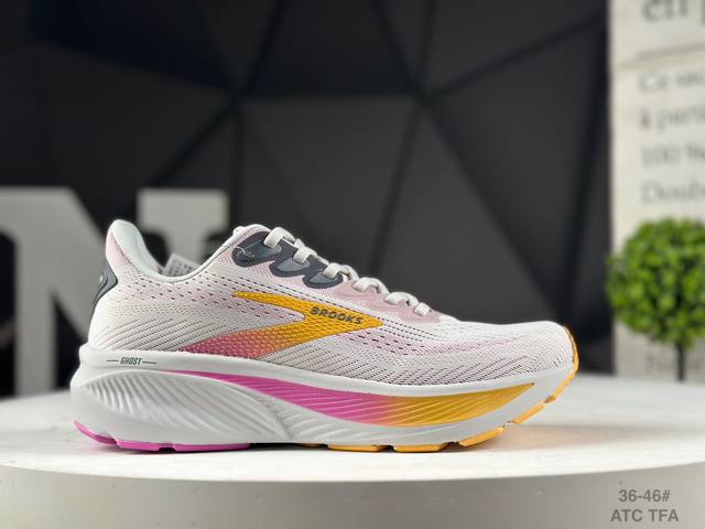 Corporate-grade half-size Brooks Ghost 17 classic thick-soled, height-enhancing