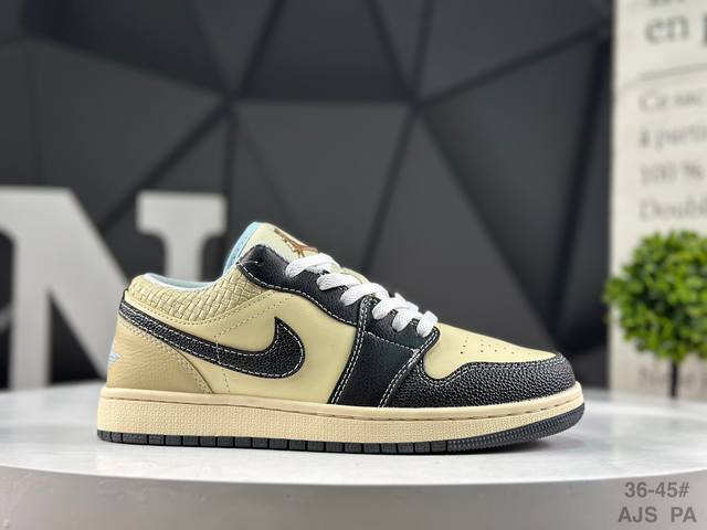 The Nike Air Jordan 1 Low, featuring a blue and yellow patchwork, creates a stri