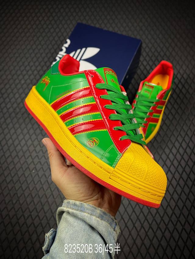 B Adidas shell toe "Stussy Collaboration - Green, Gold, and Red" high-end custom