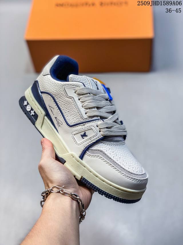 Lv Louis Vuitton Trainer Maxi denim round-toe lace-up low-top sneakers are craft