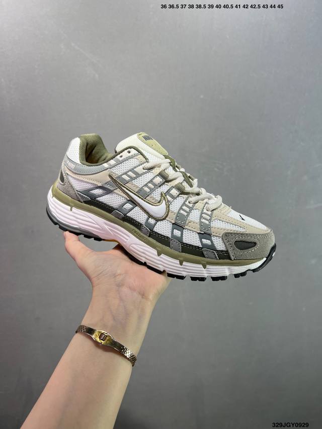 The Nike P-6000 running shoe features red hooks on both the inside and outside.