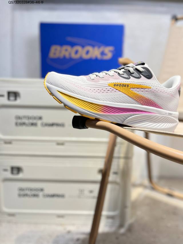The Brooks Ghost 17, a classic, thick-soled, elevated athletic dad shoe with a M