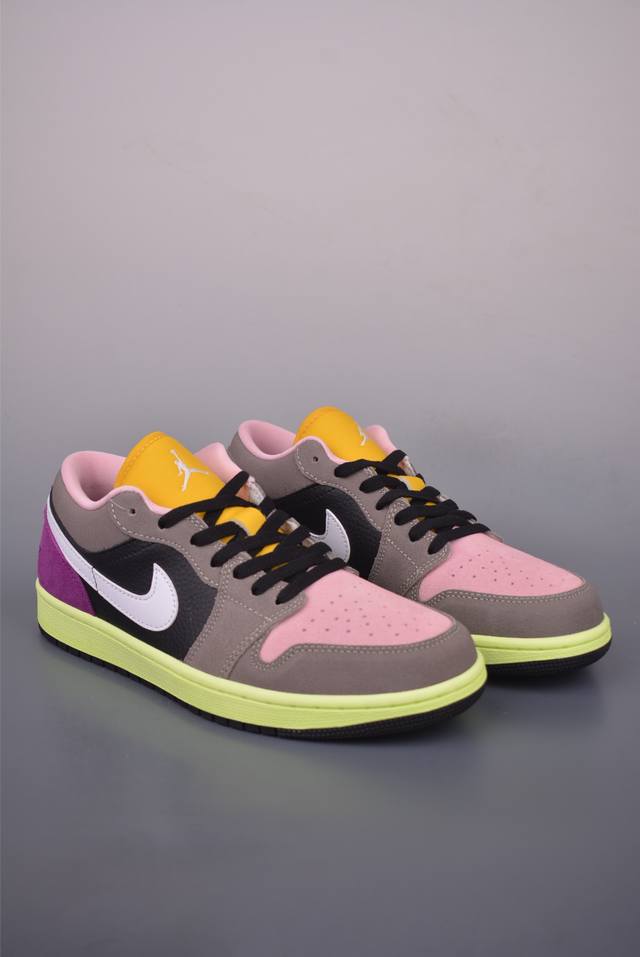 Air Jordan 1 Low in a contrasting pink, purple, and brown colorway. This AJ1 lo