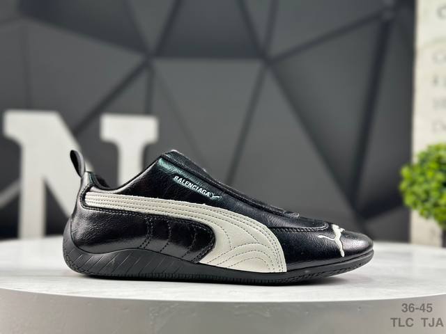 Puma x Balenciaga Speedcat series thin-soled patent leather round toe distressed