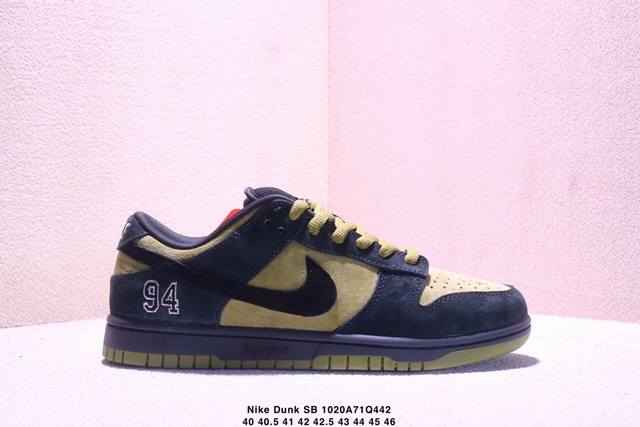 Nike Supreme X Nike Dunk SB Low. This shoe features an embroidered "94" on the h