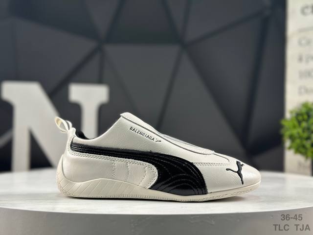 Puma x Balenciaga Speedcat series thin-soled patent leather round toe distressed