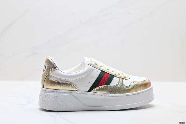 Genuine Gucci Leather Woven-Leather Round Toe Lace-Up Platform Low-Top Sneakers