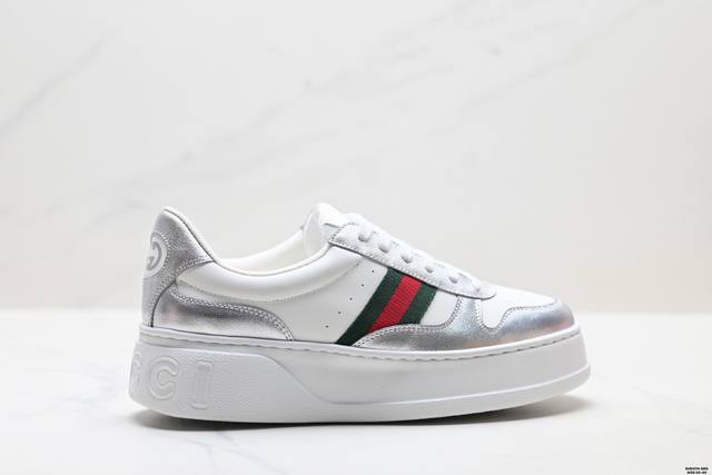 Genuine Gucci Leather Woven-Toe Round Toe Lace-up Platform Low-top Sneakers for