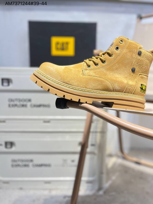Cat, the brand behind the Caterpillar bulldozer, series workwear and casual shoe