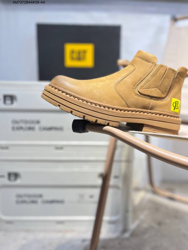 Cat, the brand behind the Caterpillar bulldozer, series workwear and casual shoe