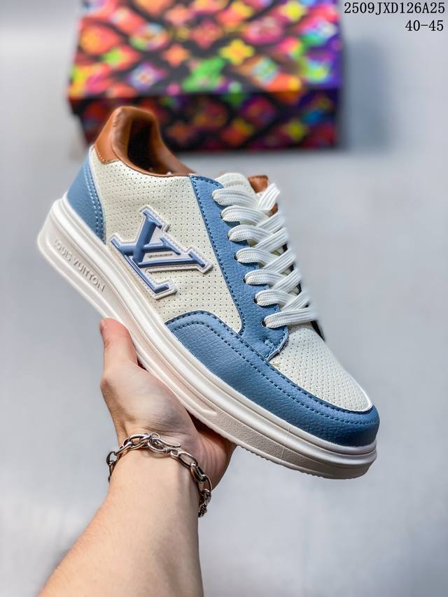 Lv2025 New Style Genuine Leather Patchwork Mesh Perforated Sneakers, Light Luxur