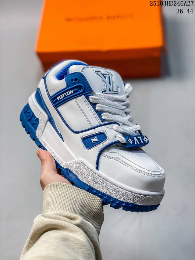 Louis Vuitton Trainer Maxi Leather Logo Beaded Low-Top Sneakers, Unisex, White a