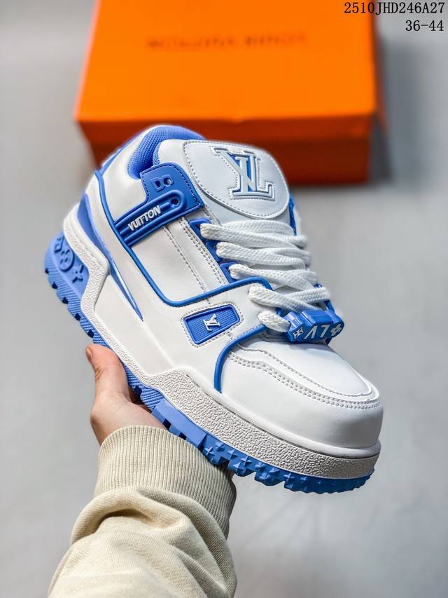 Louis Vuitton Trainer Maxi Leather Logo Beaded Low-Top Sneakers, Unisex, White a