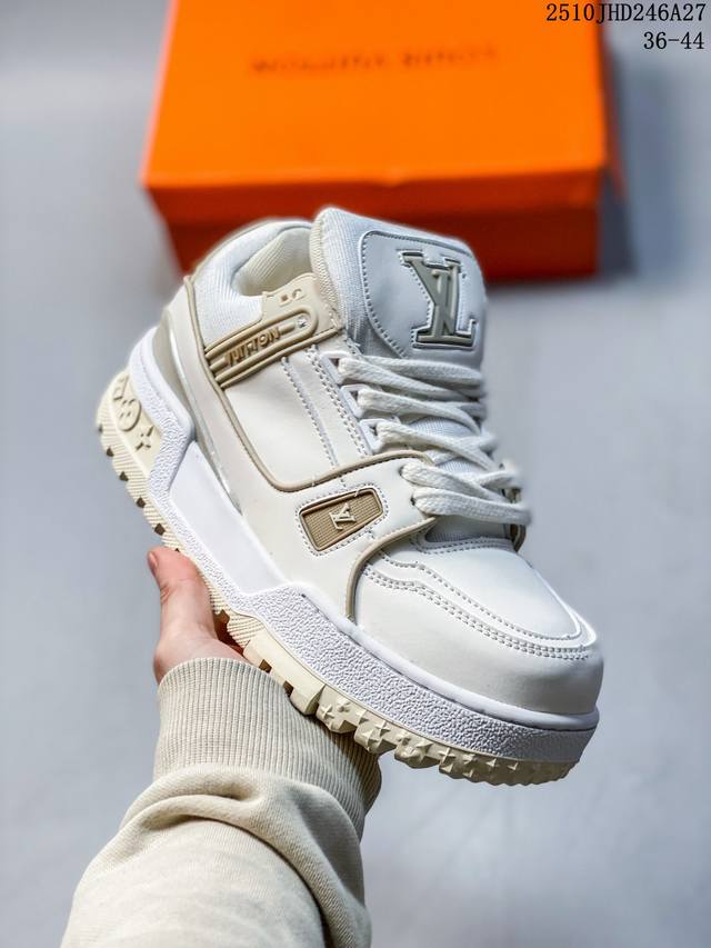 Louis Vuitton Trainer Maxi Leather Logo Beaded Low-Top Sneakers, Unisex, White a