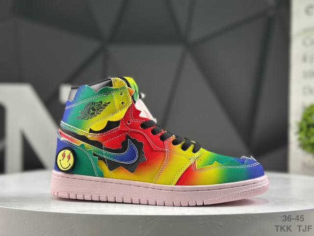 Authentic AJ1 X Jbalvin Reggae King Collaboration Smiley Face Rainbow Tie-Dye Am