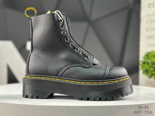 Dr. Martens features a soft, pebbled-textured top-grain cowhide upper, a thick,