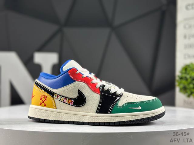 Factory-grade Nike Air Jordan 1 Low basketball shoes with half sizes. Made on a