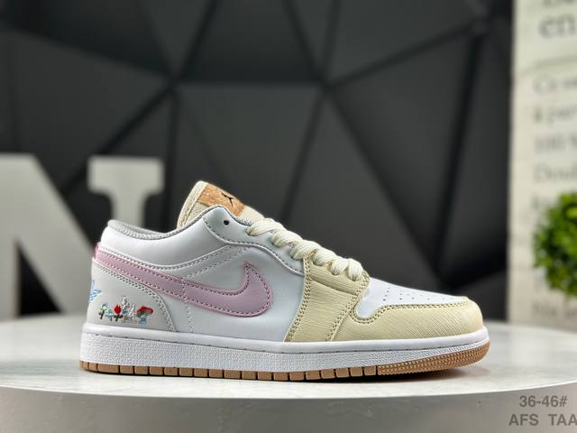 Nike Air Jordan 1 Low White/Yellow/Purple Embroidered Sneakers AJ1 Low-Top Casu