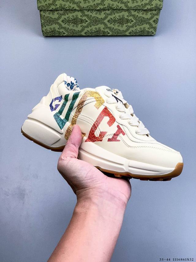 Gucci Rhyton Vintage Trainer Sneaker, distressed leather horn-shaped retro runni