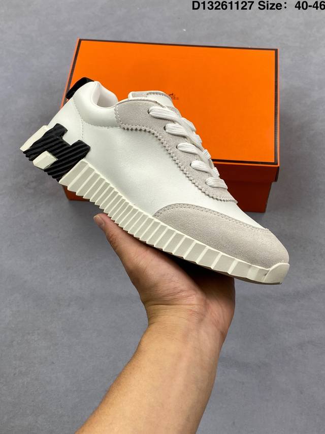 Hermes Bouuncing Calfskin Round Toe Lace-up Low-top Casual Shoes Men's White Siz