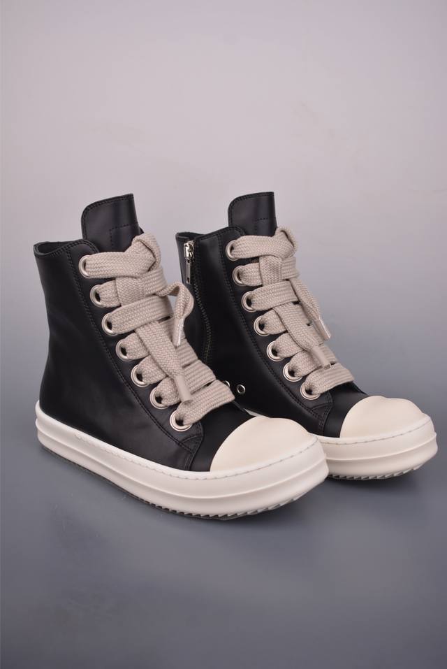 Ro Rick Owens High-Top Leather Shoes with Thick Laces - Guangdong Original Versi